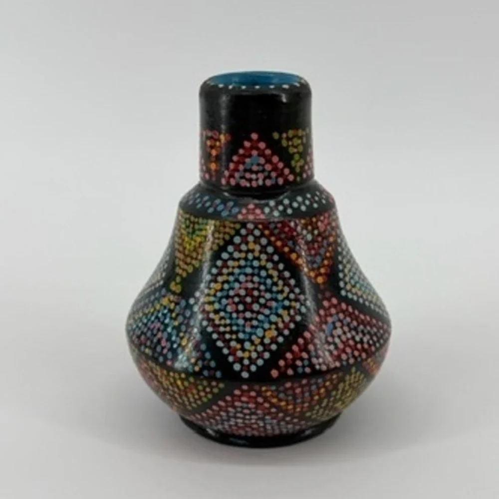 Hand Painted Pointillism Ceramic Bud Vase Black Geometric Dot Art‎ 4.25in